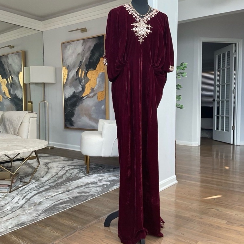 Elegant Burgundy Velvet Kaftan with Indian / Pakistani design  Embellishments